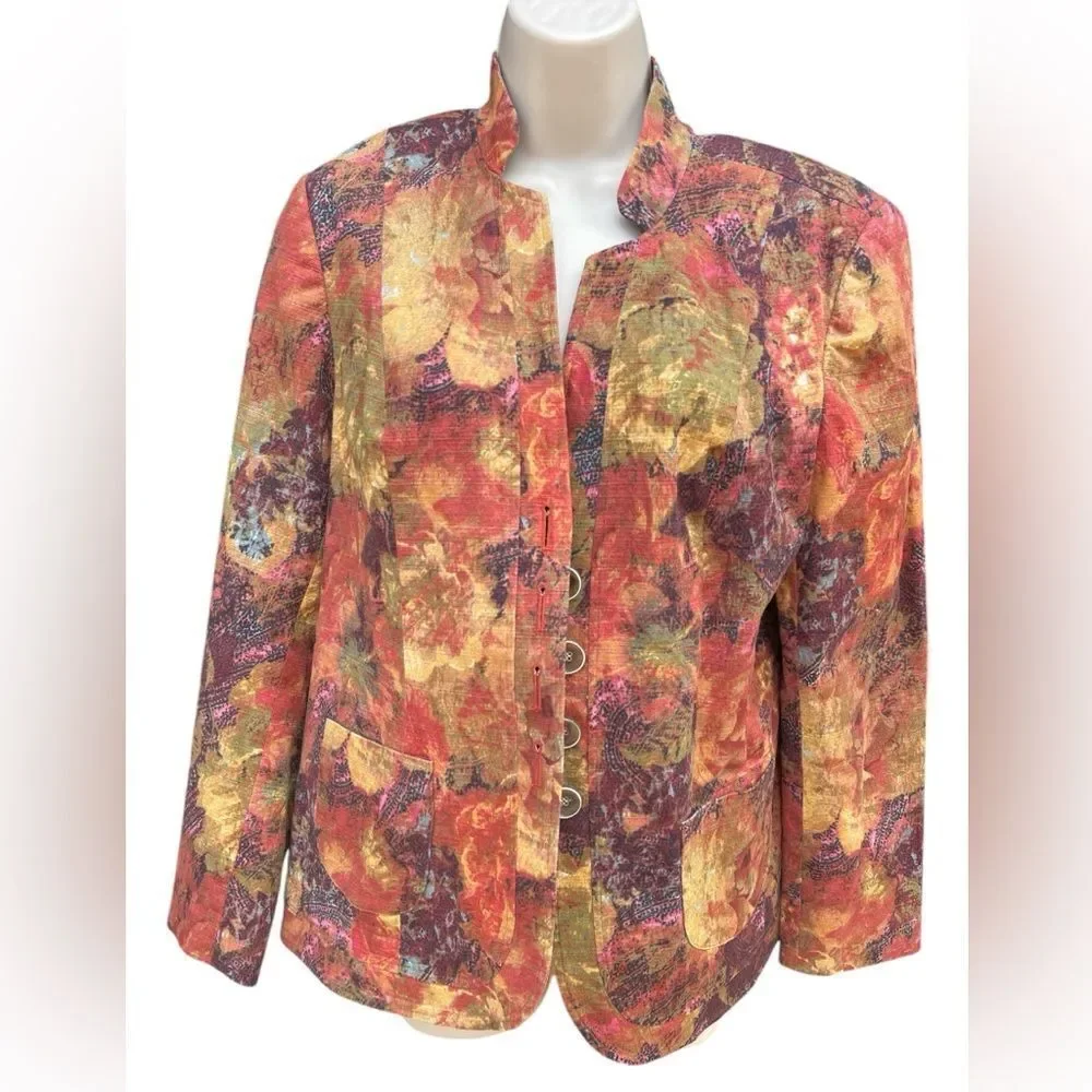 COLDWATER CREEK 14 Womens Suit Jacket Red Gold Floral Button Cuff Stretch Lined
